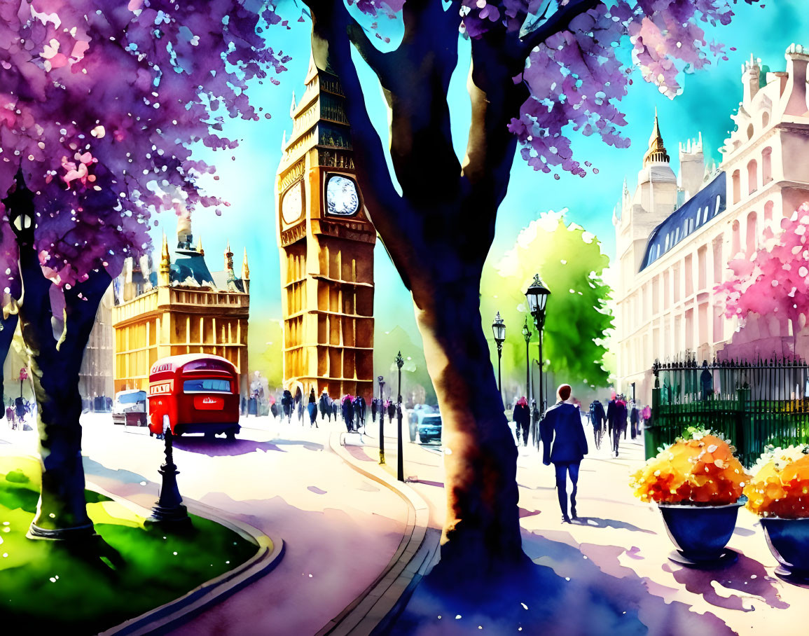 Colorful Watercolor Painting of Big Ben and Street Scene