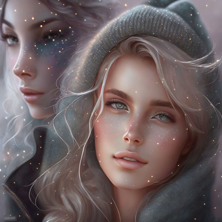 Ethereal women with sparkling freckles in cozy winter hats