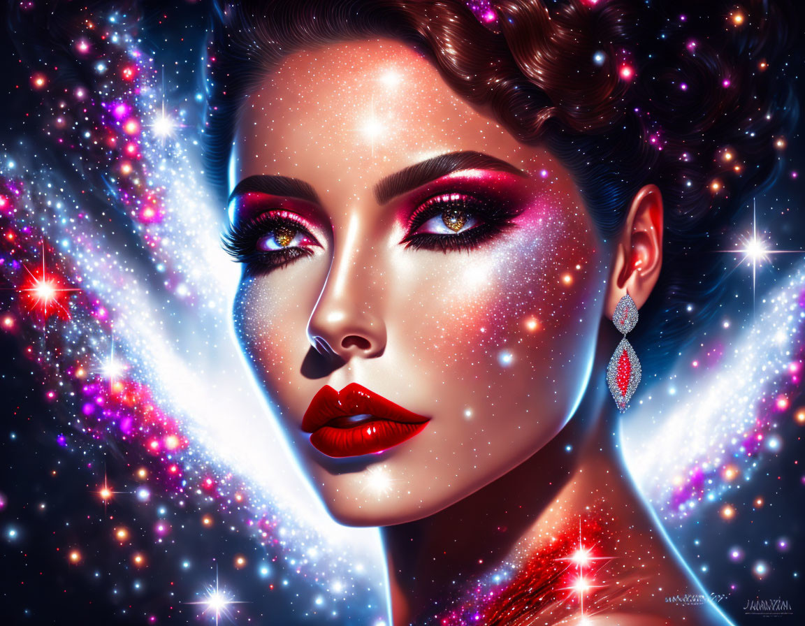 Woman with dramatic makeup surrounded by sparkling stars in cosmic-themed portrait