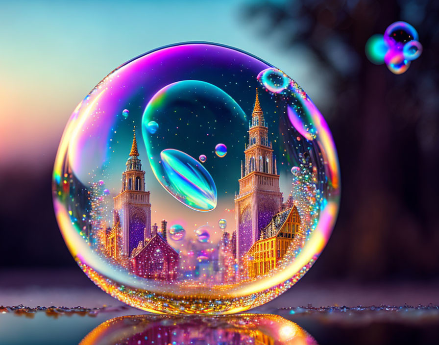 Colorful soap bubble mirrors illuminated cityscape at twilight