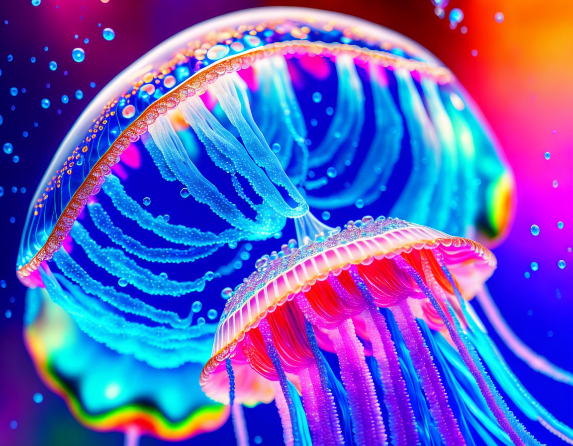 Colorful digital artwork: Two jellyfish with beaded tentacles on vibrant background