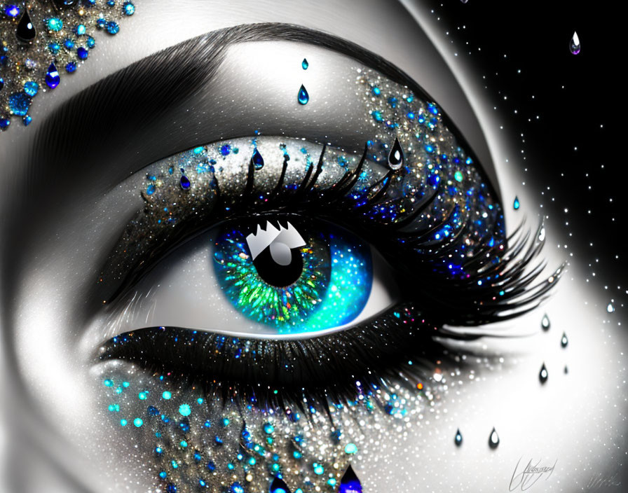 Detailed blue-green eye illustration with shimmering eyeshadow, jewel embellishments, thick lashes.