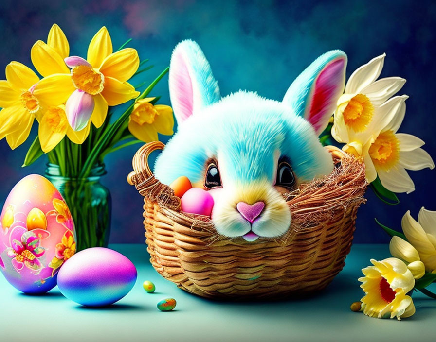 Colorful Easter Bunny Basket with Daffodils & Eggs