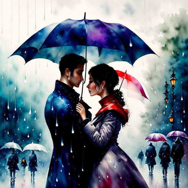 Romantic couple sharing umbrella in the rain with string lights