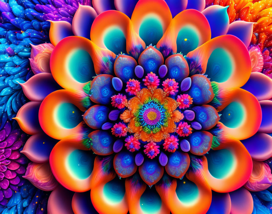 Colorful psychedelic fractal with intricate patterns and mandala center