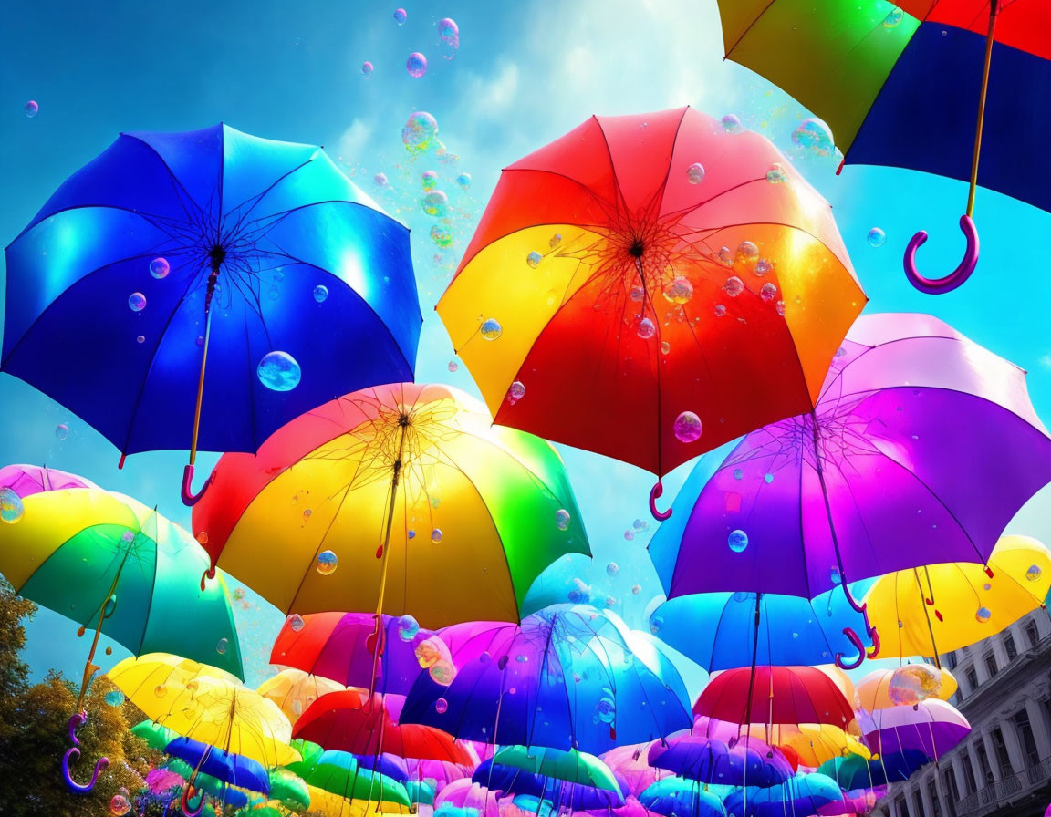 Vibrant umbrellas, soap bubbles, and blue sky with clouds
