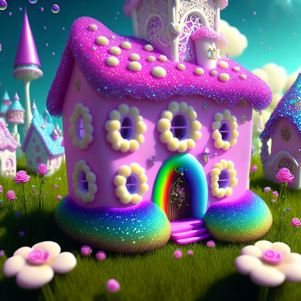 Colorful 3D illustration of whimsical fairy-tale house surrounded by candy decorations and flowers against