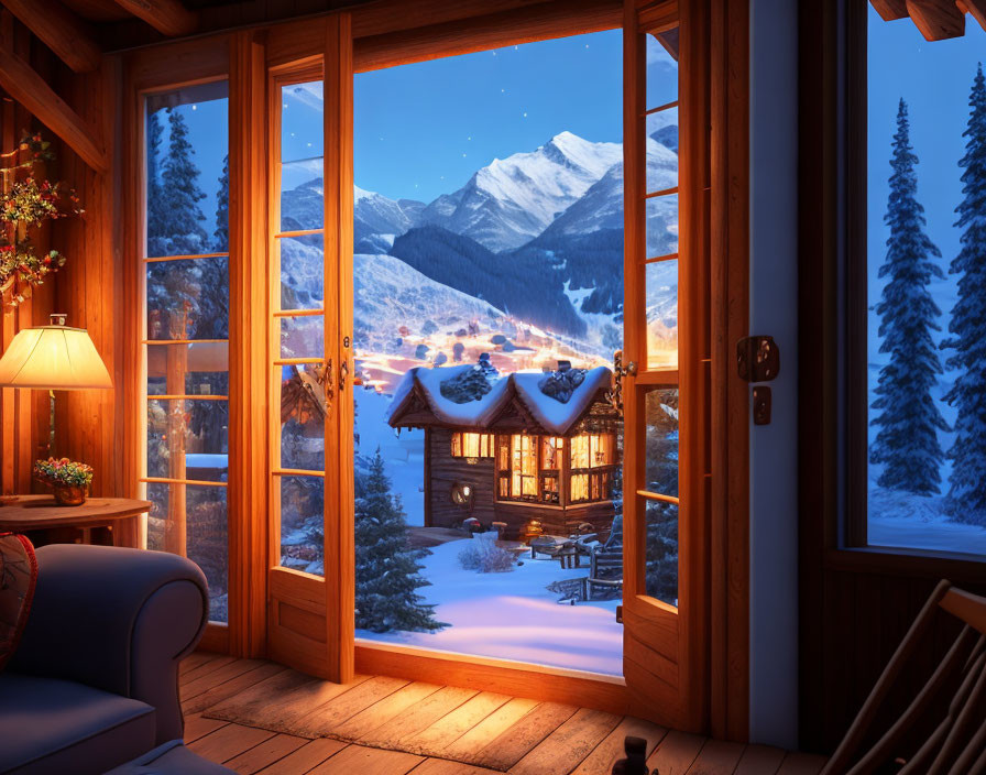 Rustic wooden cabin interior overlooking snowy landscape at dusk