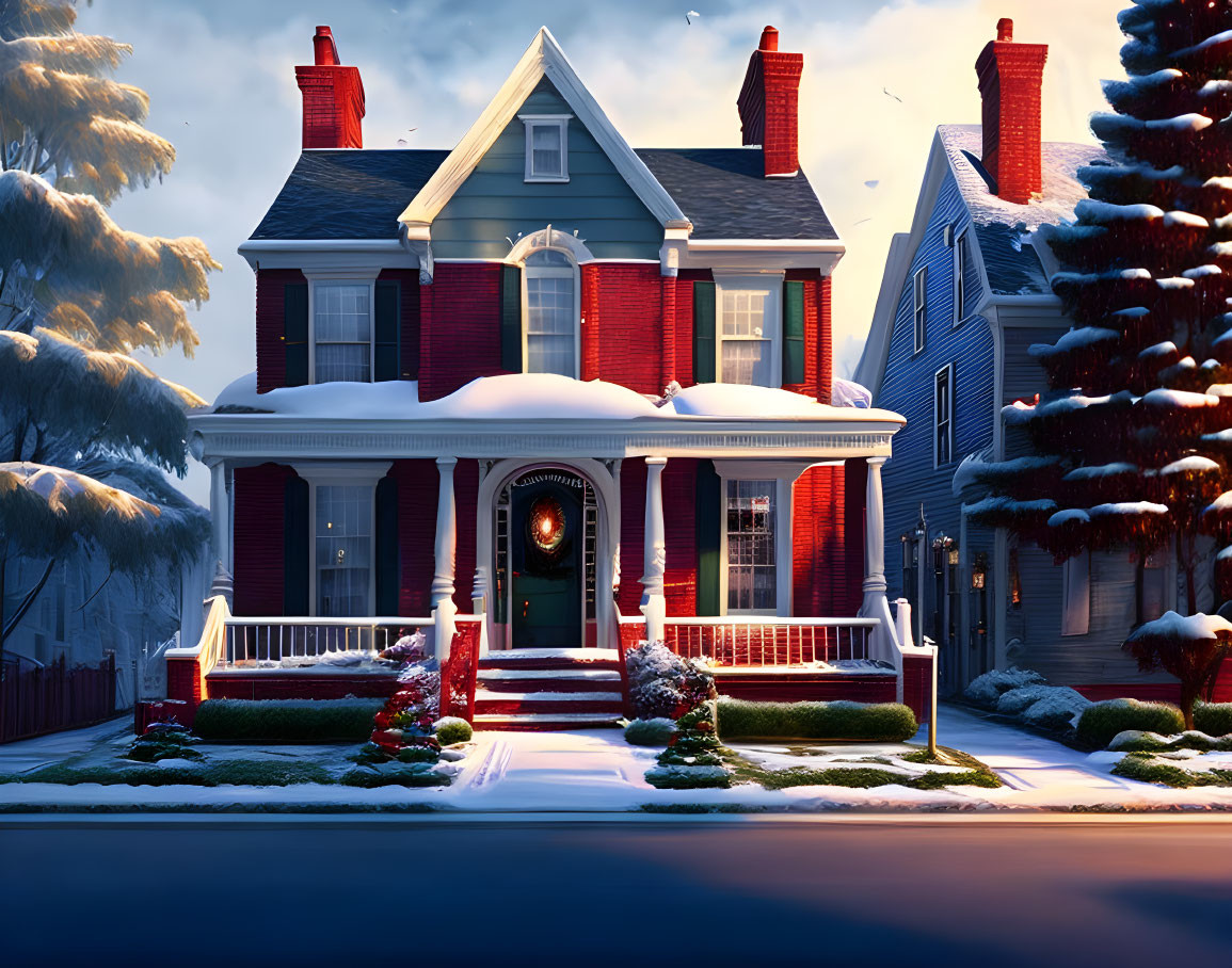 Snow-covered red house with Christmas decorations at twilight