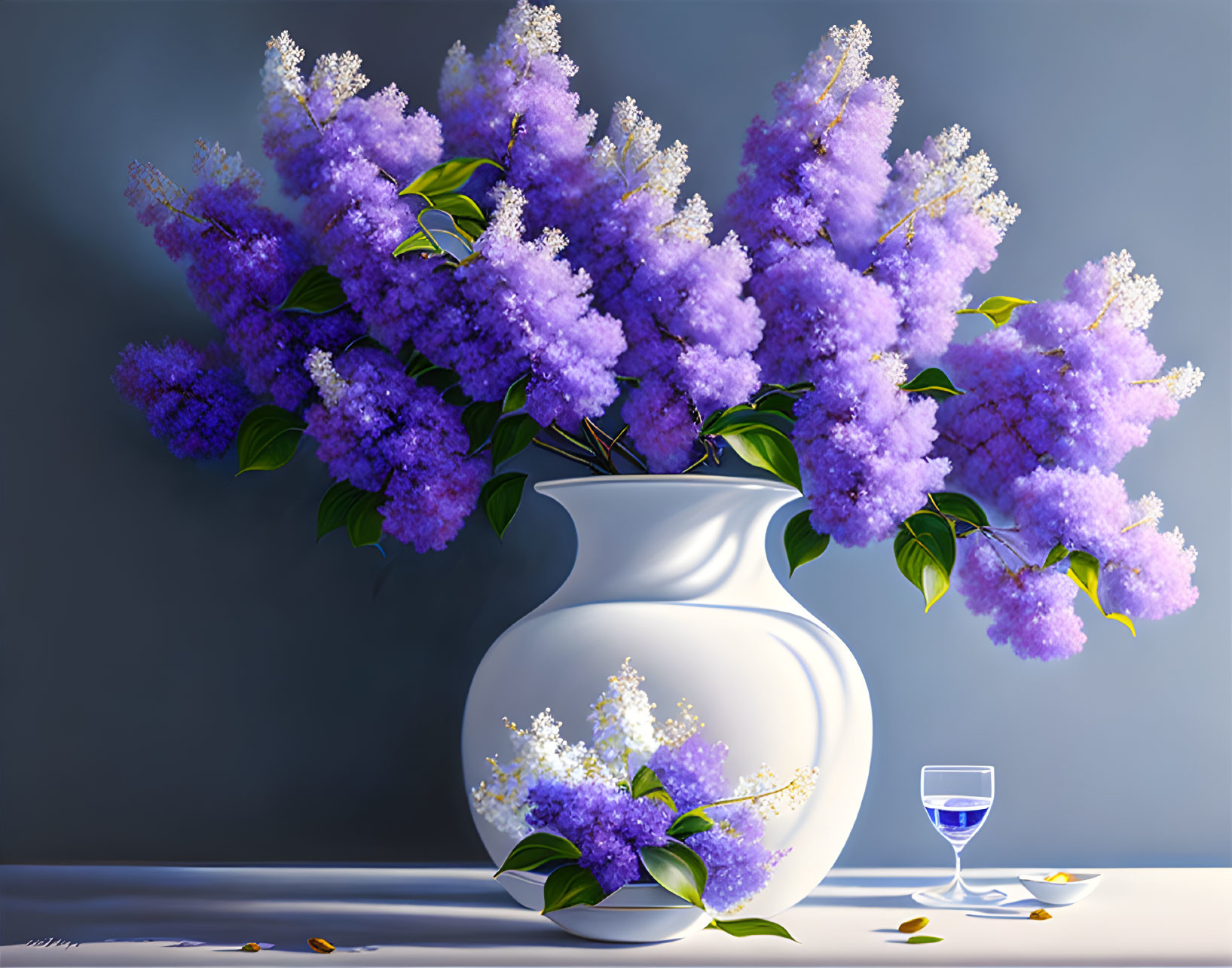 White vase with purple lilacs and scattered petals on table with glass