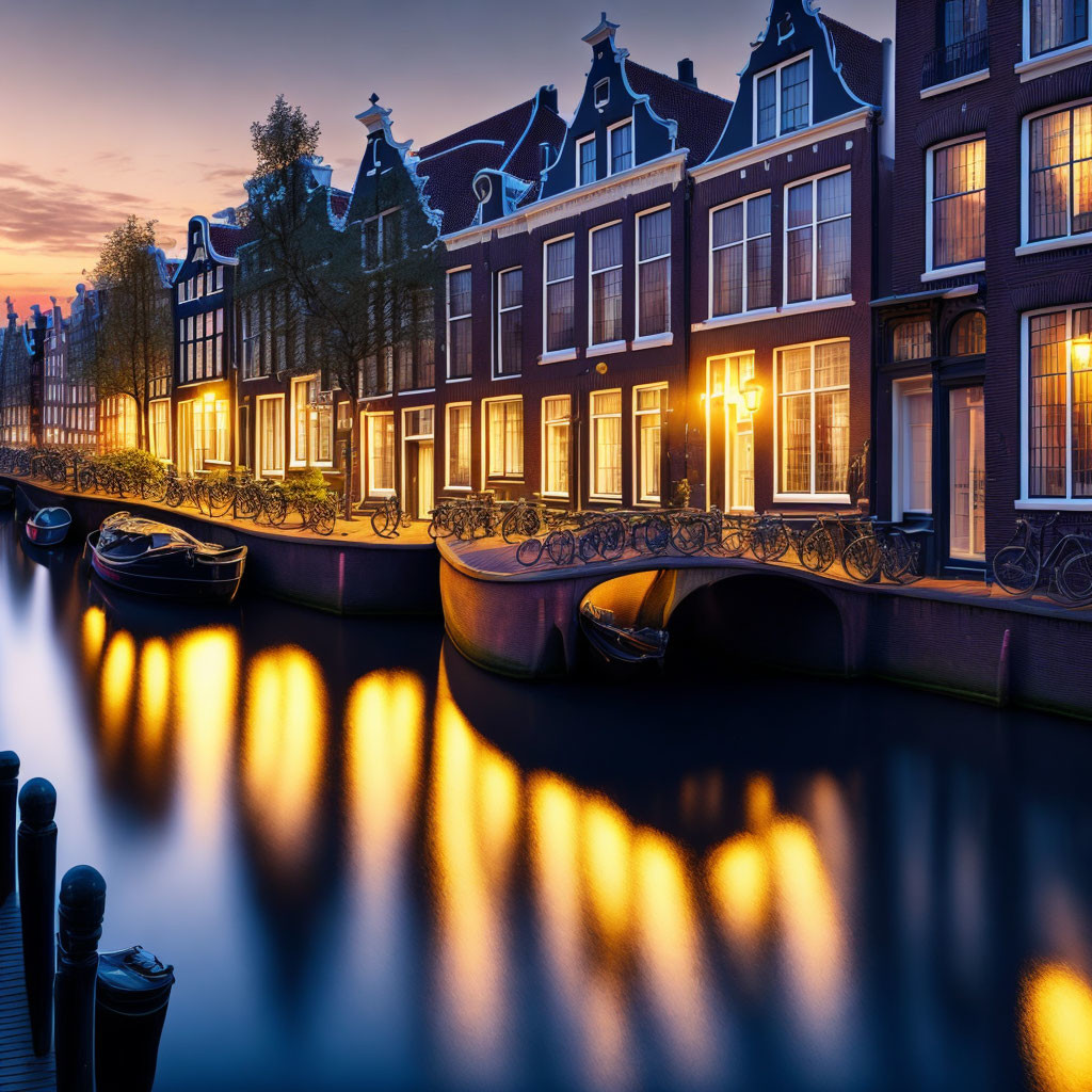 Tranquil Amsterdam canal at twilight with illuminated windows, traditional houses, and moored boats