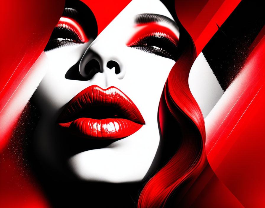 Vibrant digital artwork of a woman's face with red lips on abstract background