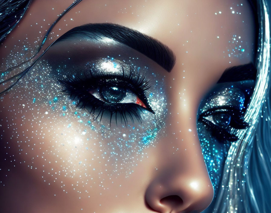 Galaxy-themed makeup on woman's face with stars and blue hair