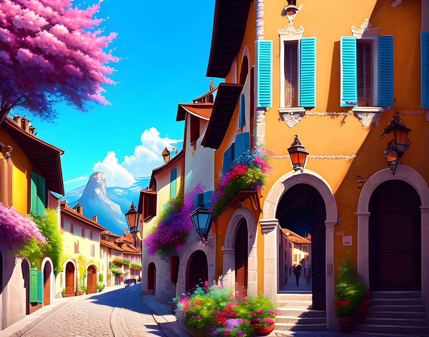 Vibrant European alley with colorful buildings, trees, and street lamps against mountain backdrop.