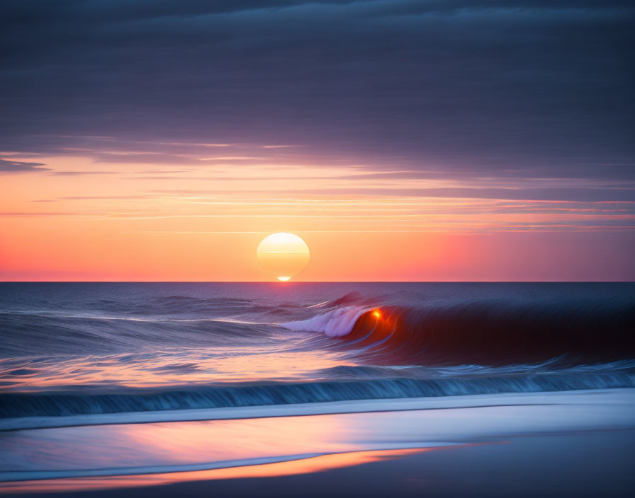 Vibrant sunset over ocean with large sun and rolling wave.