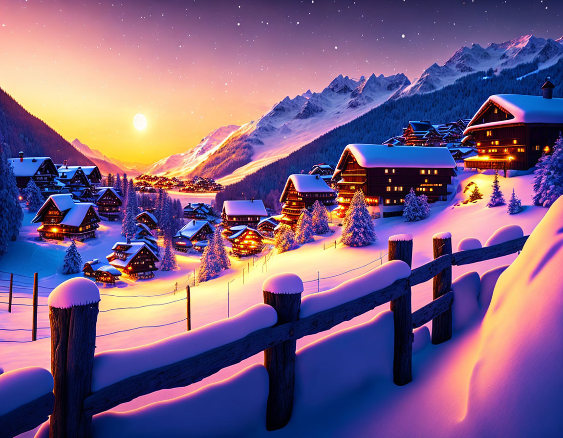Snow-covered village at sunset with illuminated chalets and mountains.