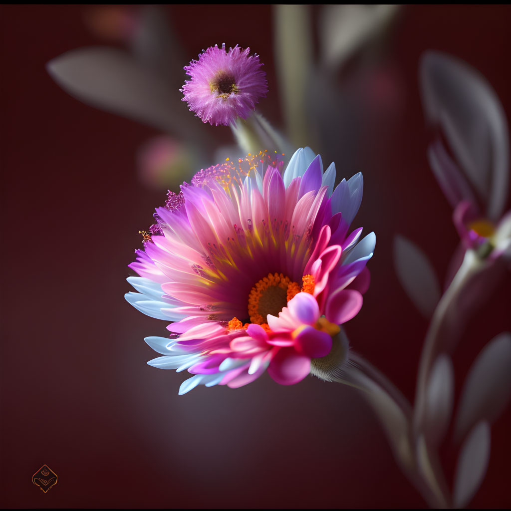Colorful digital illustration of pink and purple daisy with yellow center, set in floral backdrop.