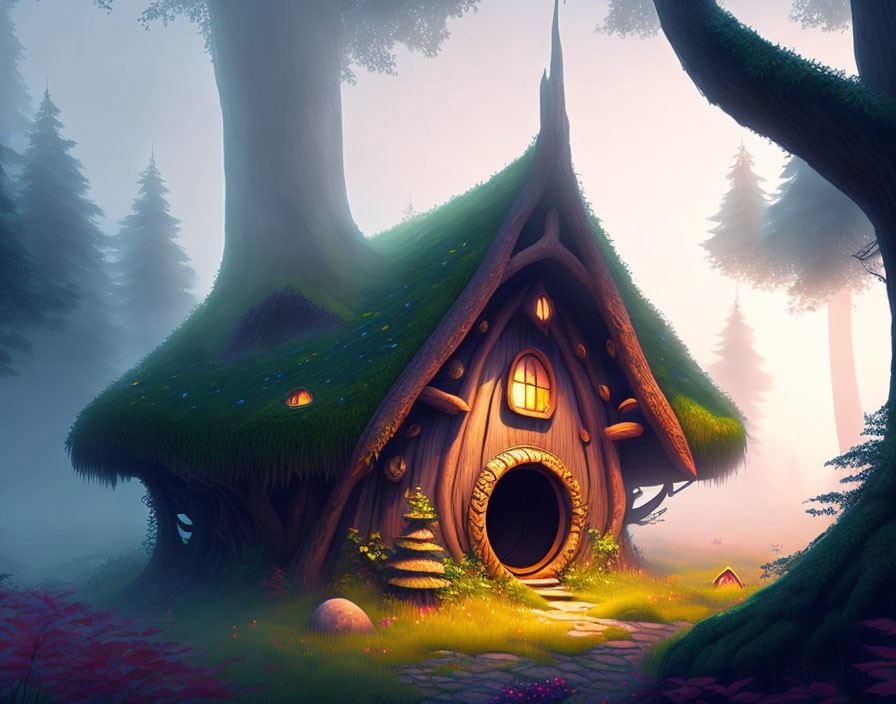Enchanting Treehouse with Round Door in Misty Forest Glade