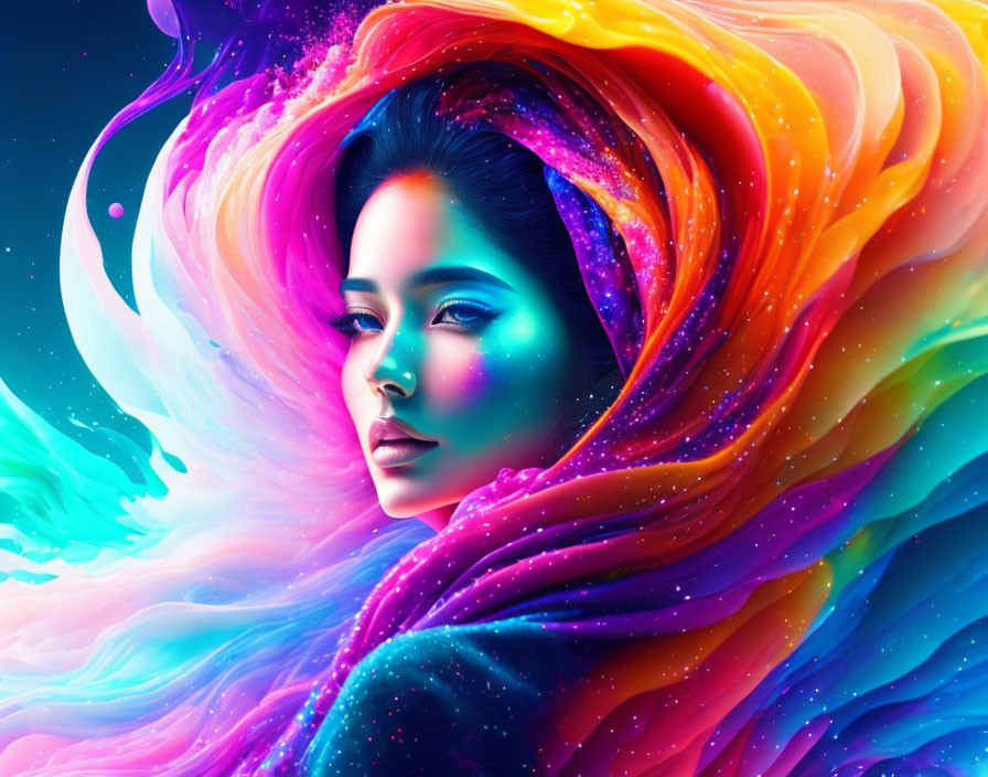 Colorful digital artwork: Woman's profile with cosmic galaxy hair.