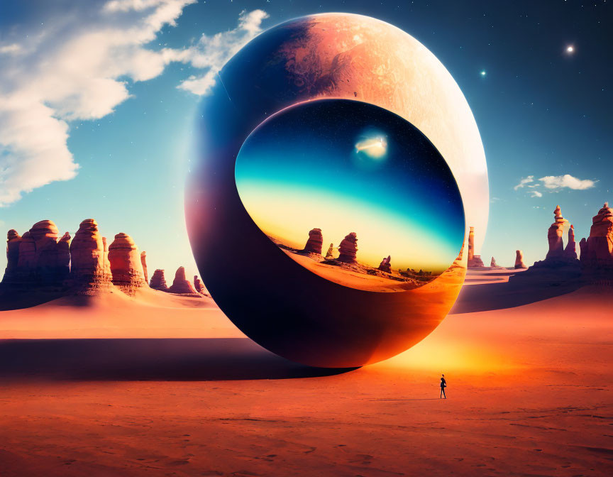 Solitary figure in desert gazes at surreal cosmic sphere at twilight