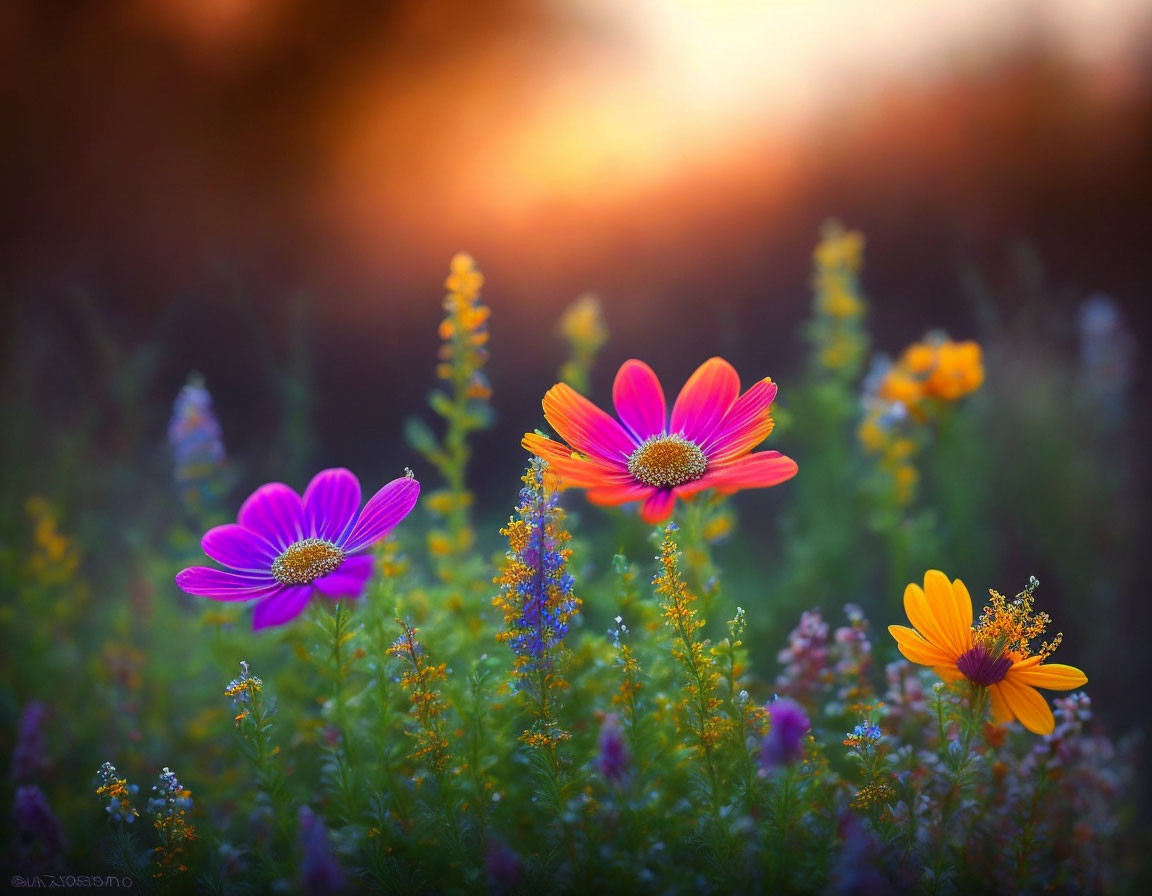 Colorful Flowers in Sunset Field: Vibrant blooms under warm sunlight