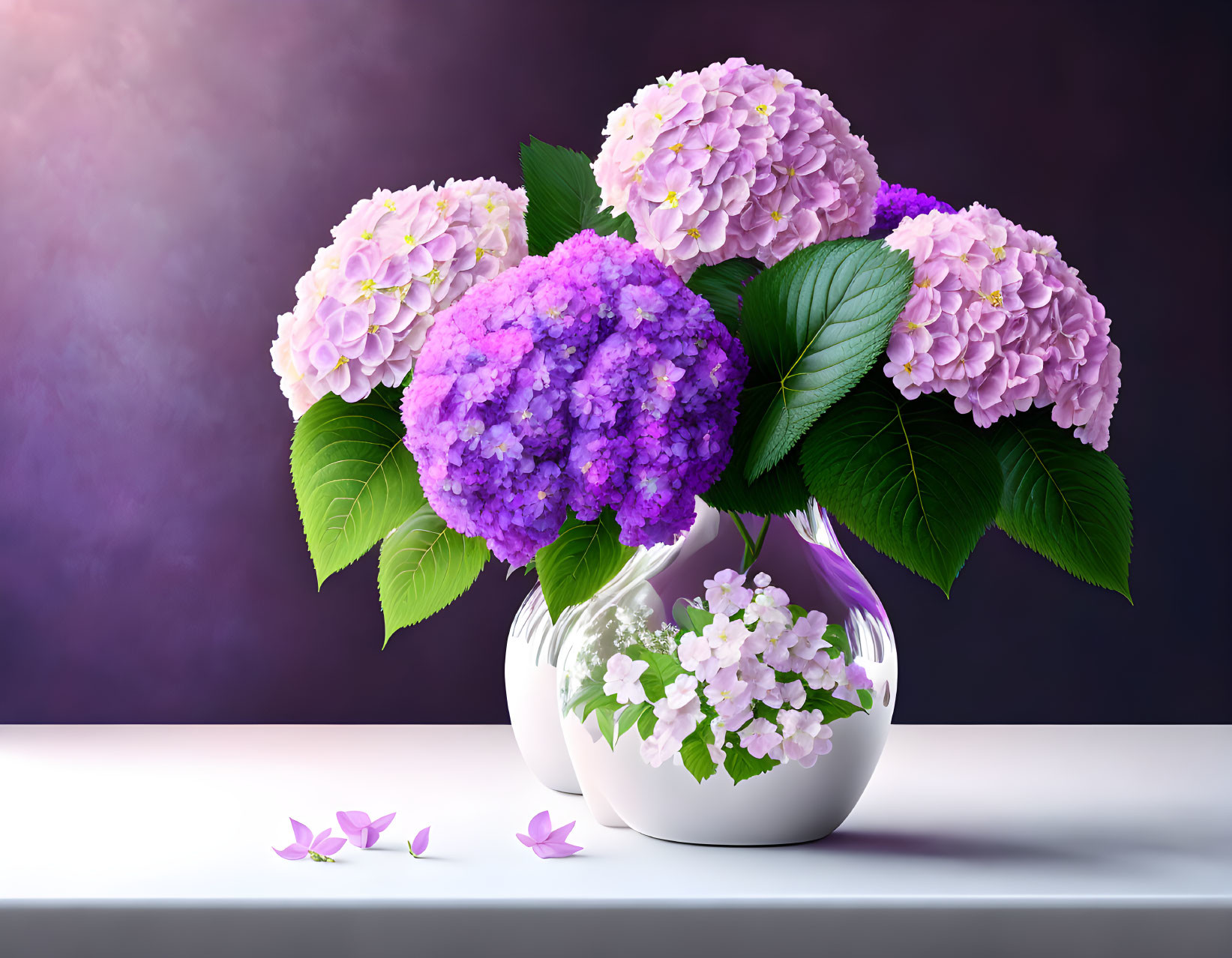 Purple and Pink Hydrangea Bouquet in White Vase on Dark Purple Background