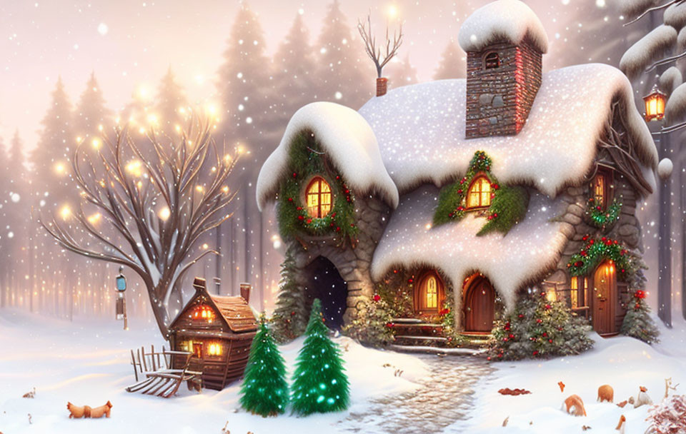 Snow-covered cottage with festive decorations and warm light in tranquil winter landscape