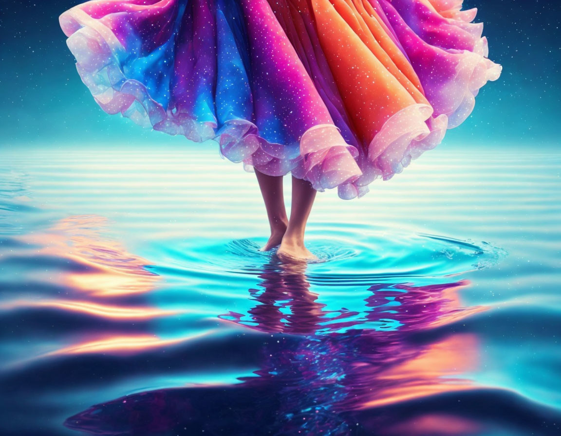Person in Galaxy-Themed Dress Standing on Water
