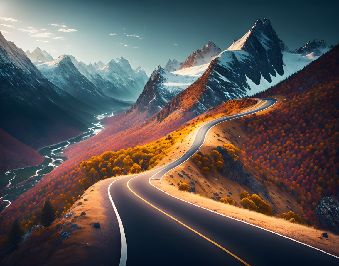 Scenic winding road in vibrant autumn landscape with mountain backdrop