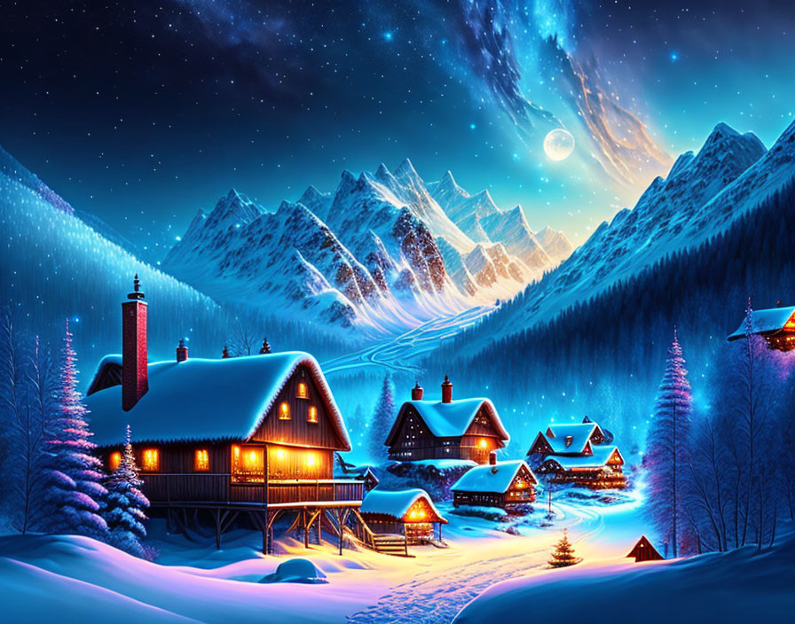 Snow-covered houses and pine trees in winter night scene with starry sky.