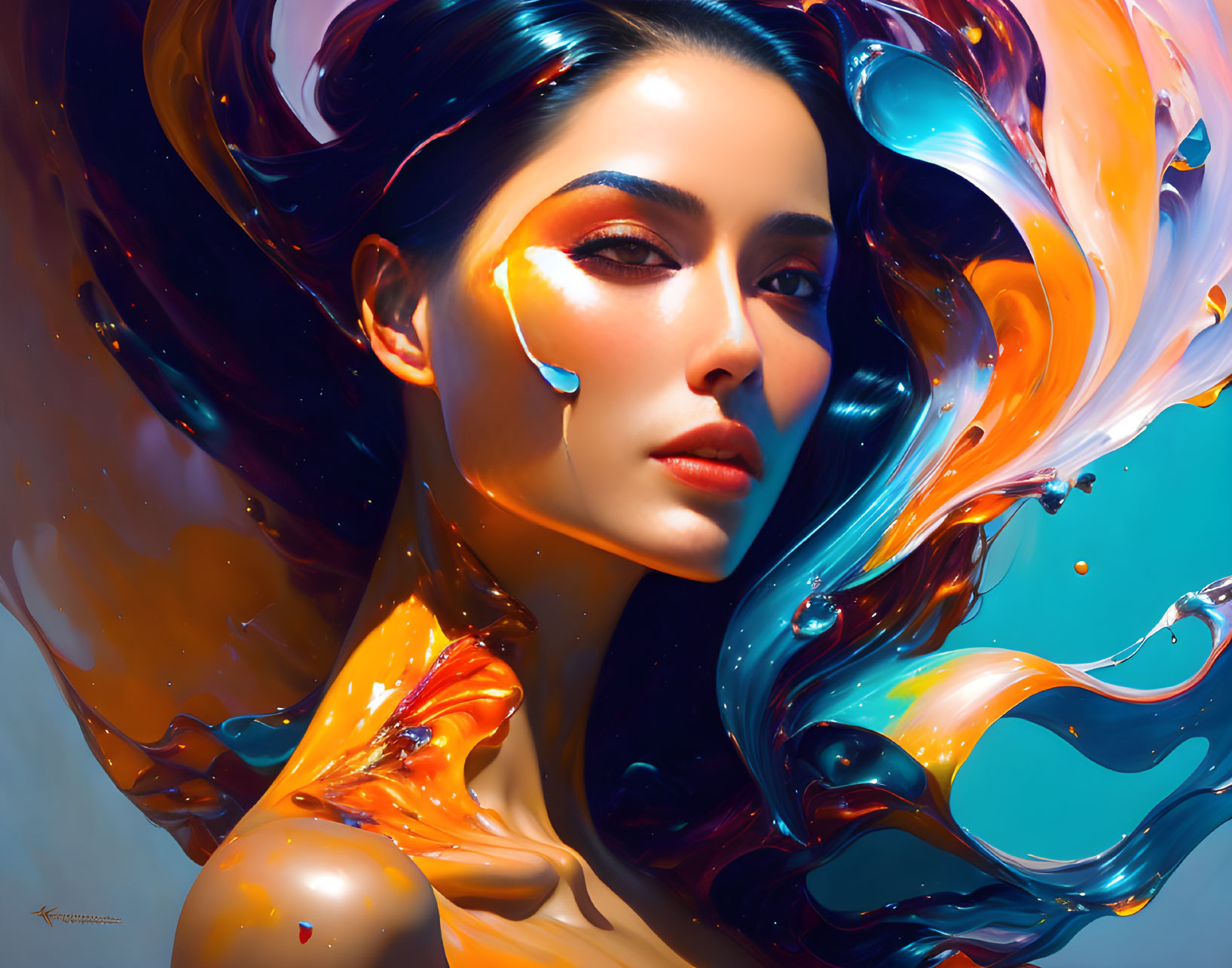 Vibrant digital artwork of a woman with flowing blue, orange, and white hair