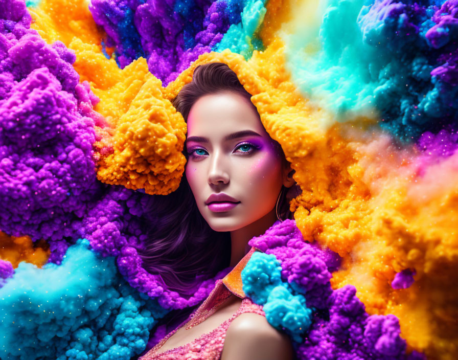 Vibrant woman with striking makeup in colorful powder clouds