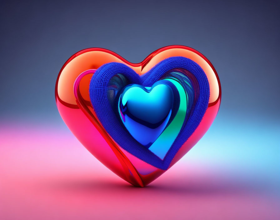 Layered Hearts in Blue to Red Gradient on Glossy Finish Against Purple-Pink Background