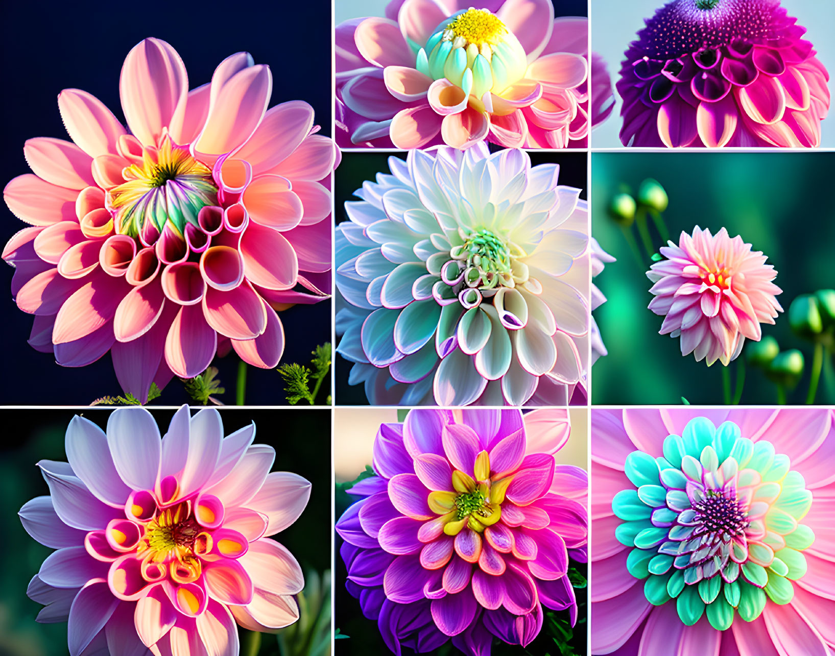 Colorful Dahlia Flower Collage in Various Shades and Patterns