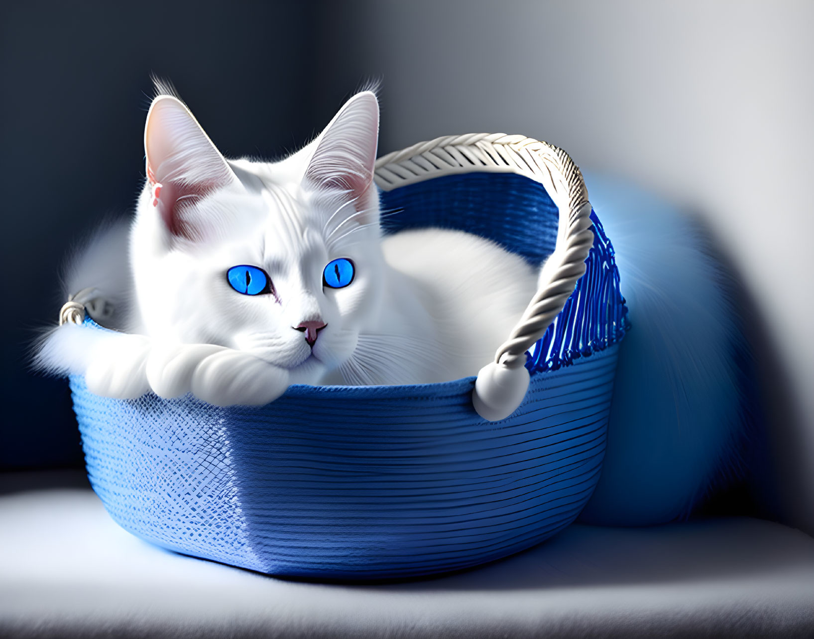 White Cat with Blue Eyes in Woven Basket and Pillow Background