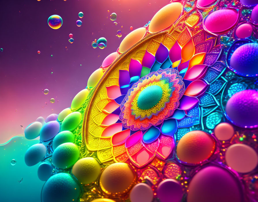 Colorful abstract art with floating bubbles on gradient background