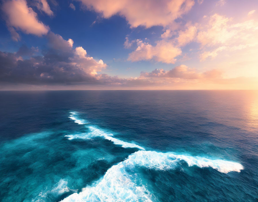 Vibrant Blue Ocean with White Waves under Sunset Sky