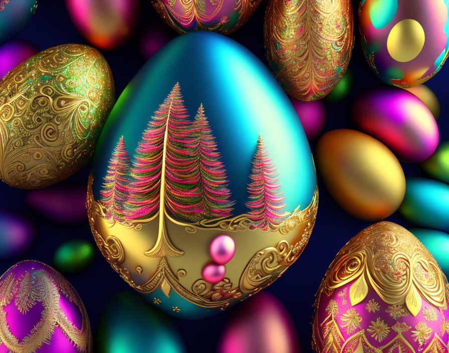 Colorful digital artwork of ornate egg designs with intricate patterns and a central golden tree landscape.