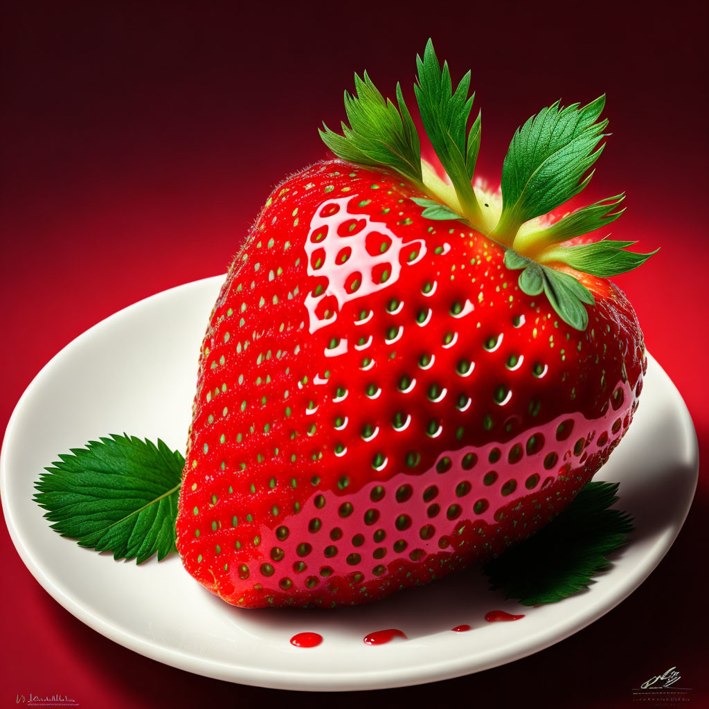 Ripe strawberry on white plate with red background and droplets