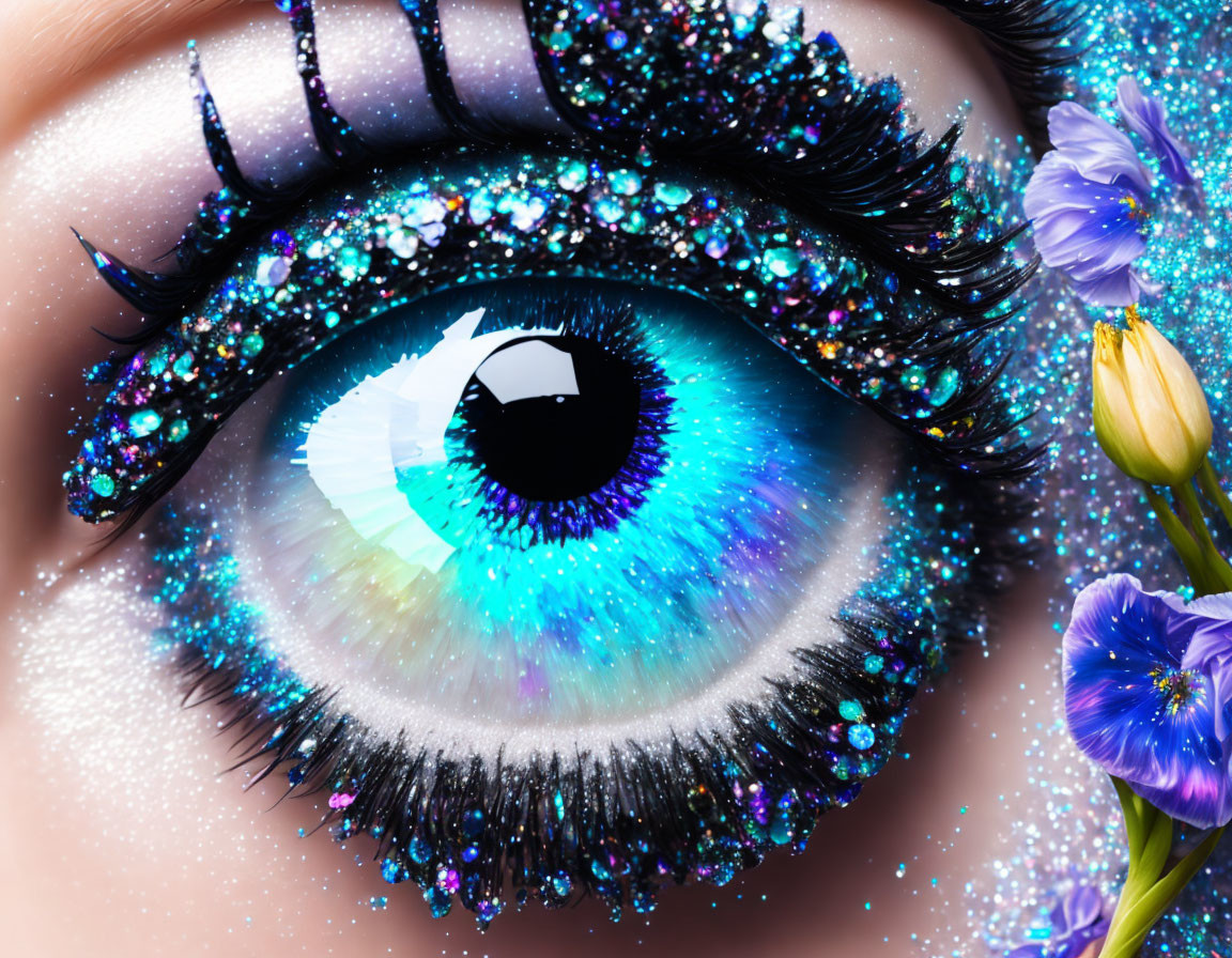 Vividly made-up eye with blue eyeshadow, glitter, and flower petals