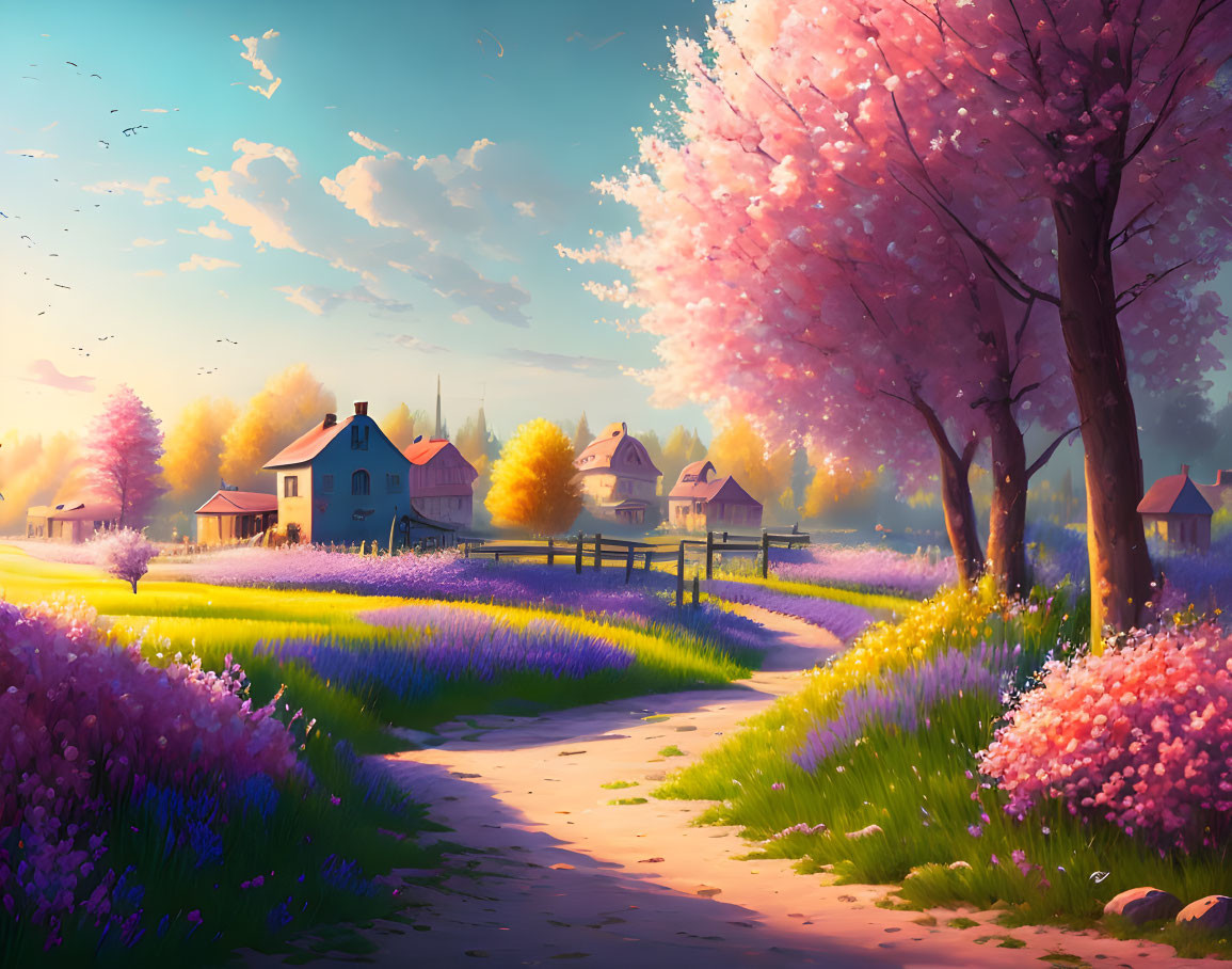 Tranquil rural landscape with blossoming trees and lavender fields