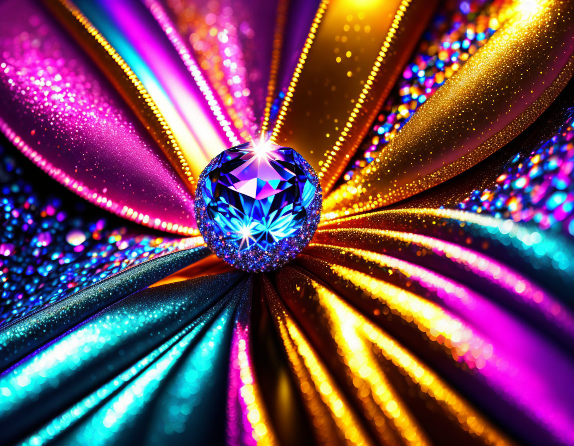 Colorful gemstone surrounded by radiant rays on glittery background