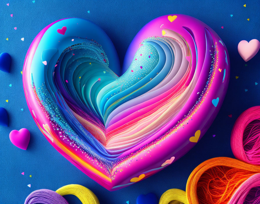 Layered Paper Art Heart in Blues and Pinks on Blue Background
