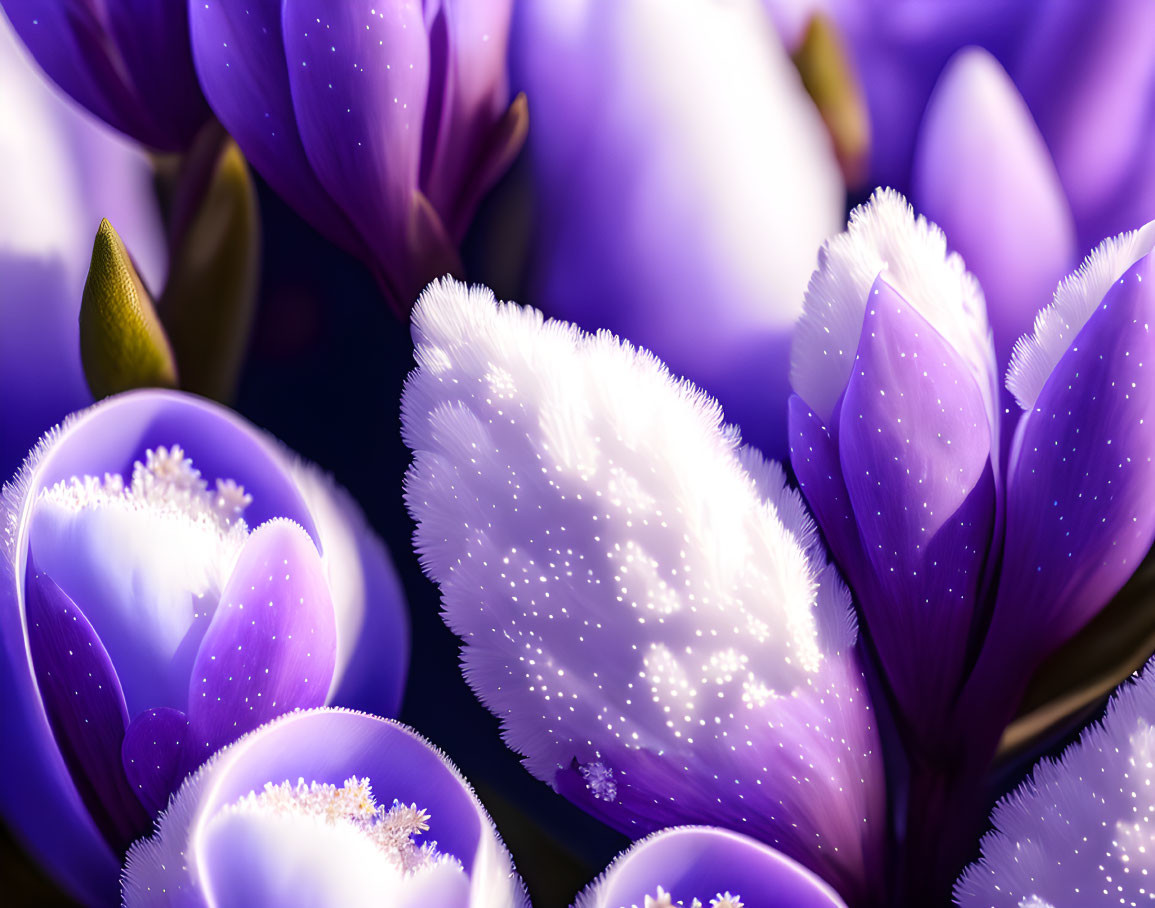 Vibrant purple crocus flowers with white frost crystals on dark background