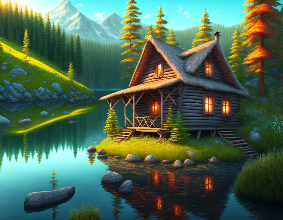 Tranquil wooden cabin by lake with sunset mountains