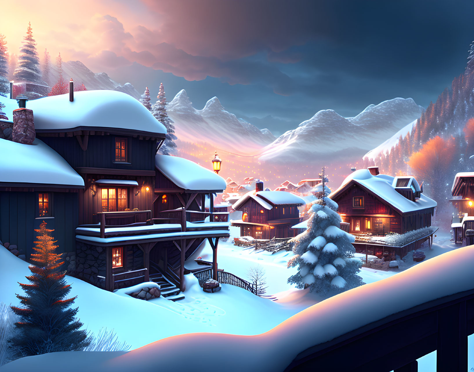 Snowy mountain village at dusk: illuminated houses, snowy pine tree, glowing street lamps, twilight sky