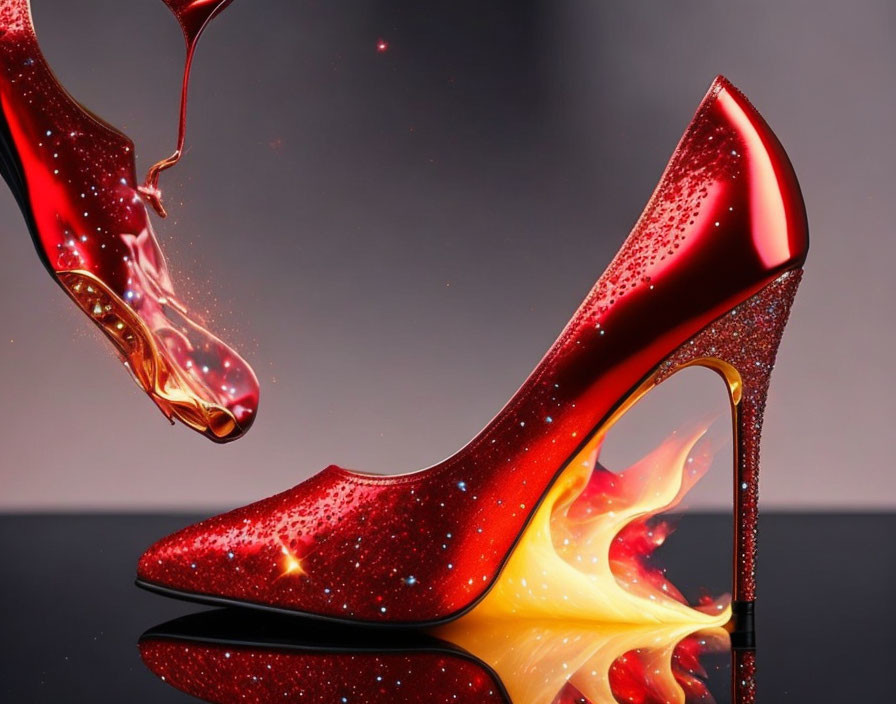 Glittery red high heel shoe reflecting lava-like liquid splash