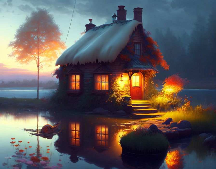 Tranquil lakeside cottage at dusk with autumn foliage