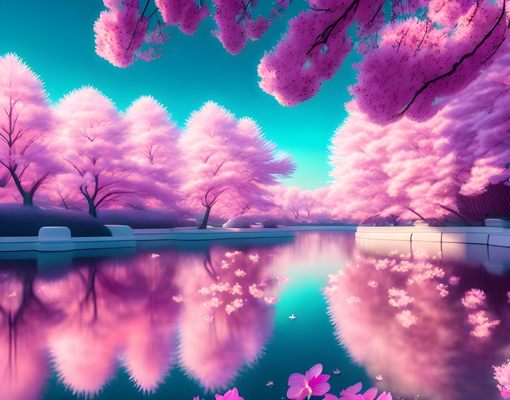 Pink cherry blossoms by tranquil lake under purple sky