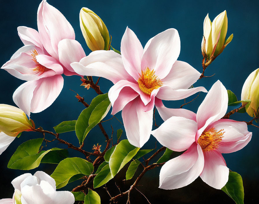 Pink Magnolia Flowers and Buds with Green Leaves on Dark Background